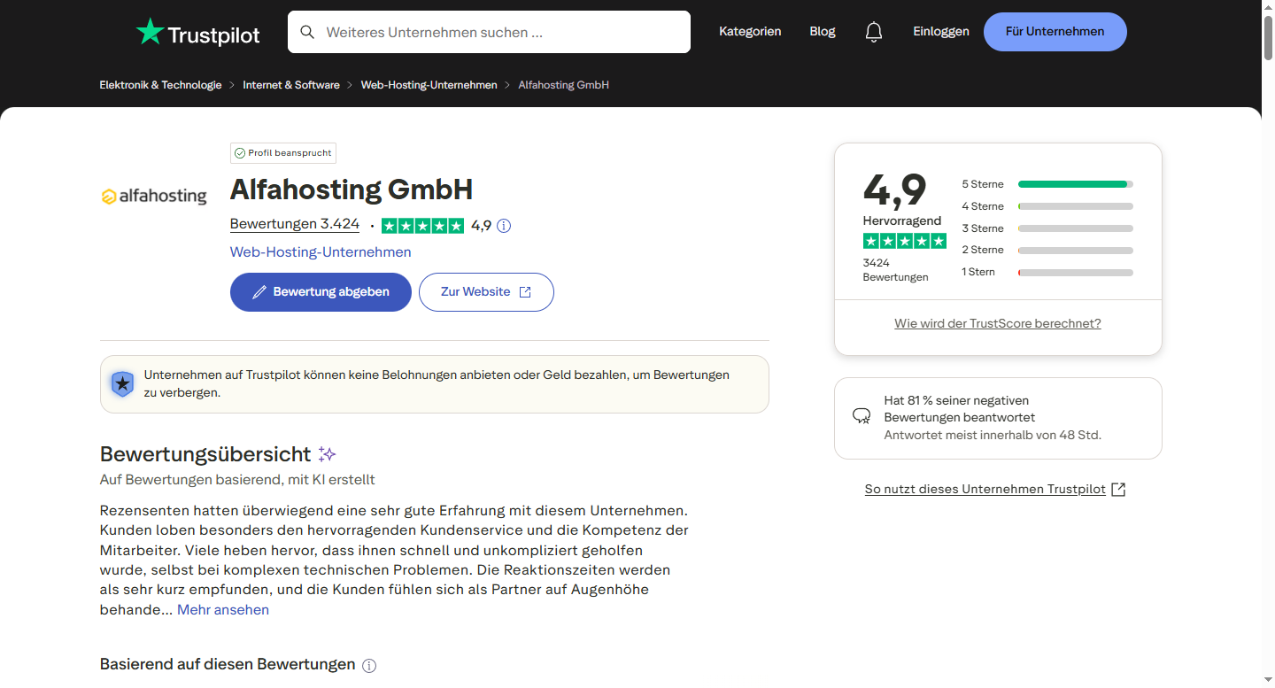Alfahosting bei Trustpilot