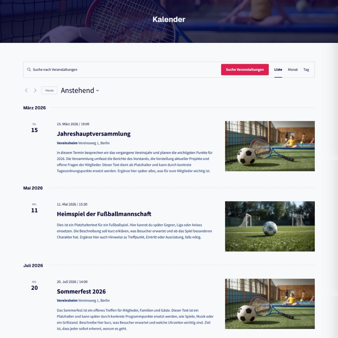 Sportverein Website: Kalender