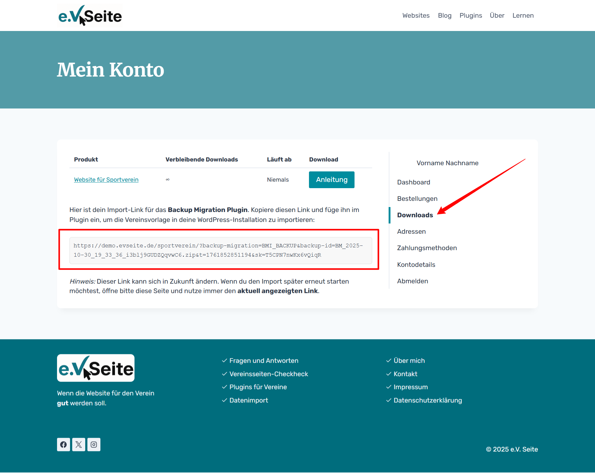 Importlink für Vereinsvorlage