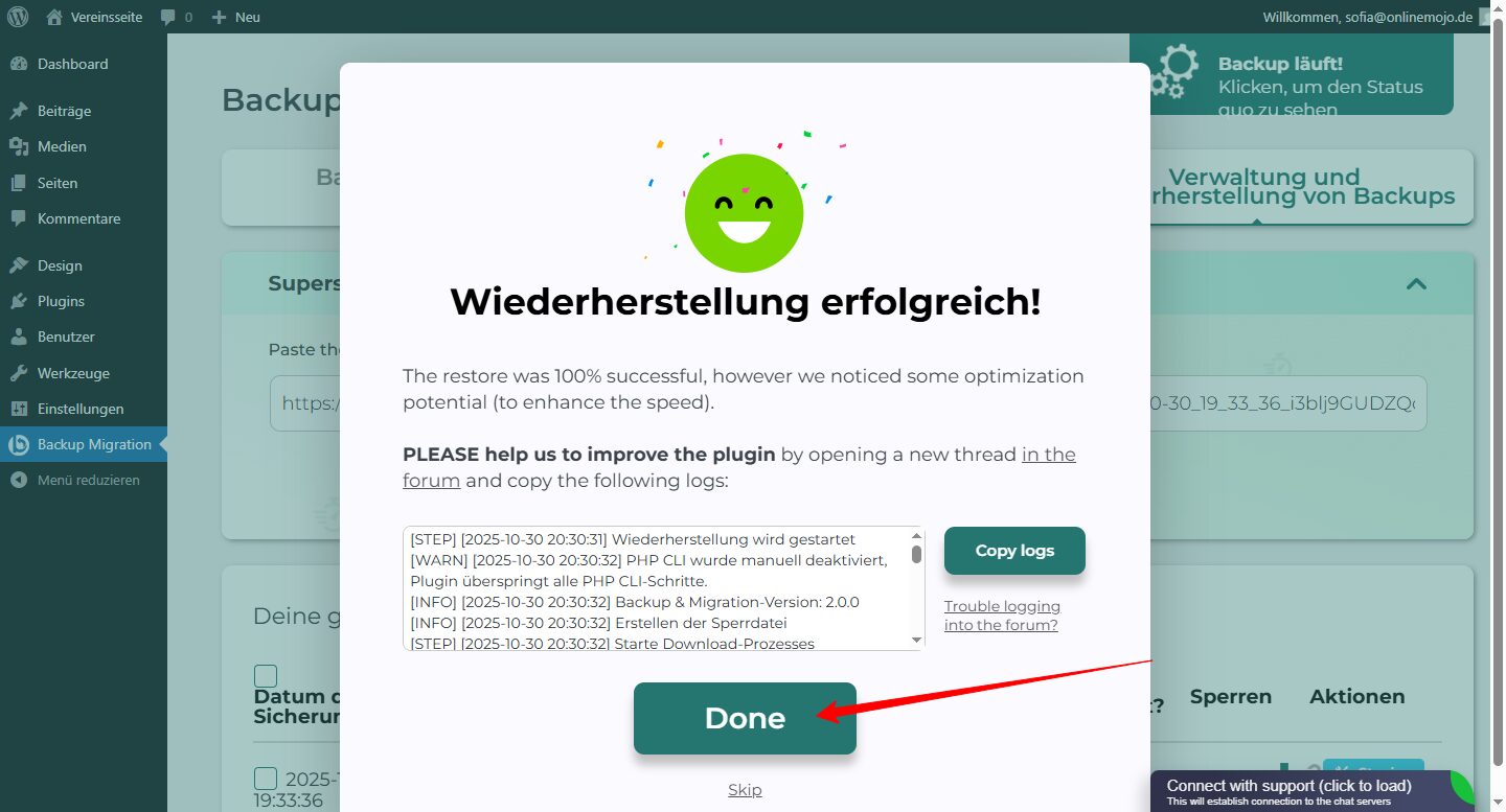 Widerherstellung erfolgreich