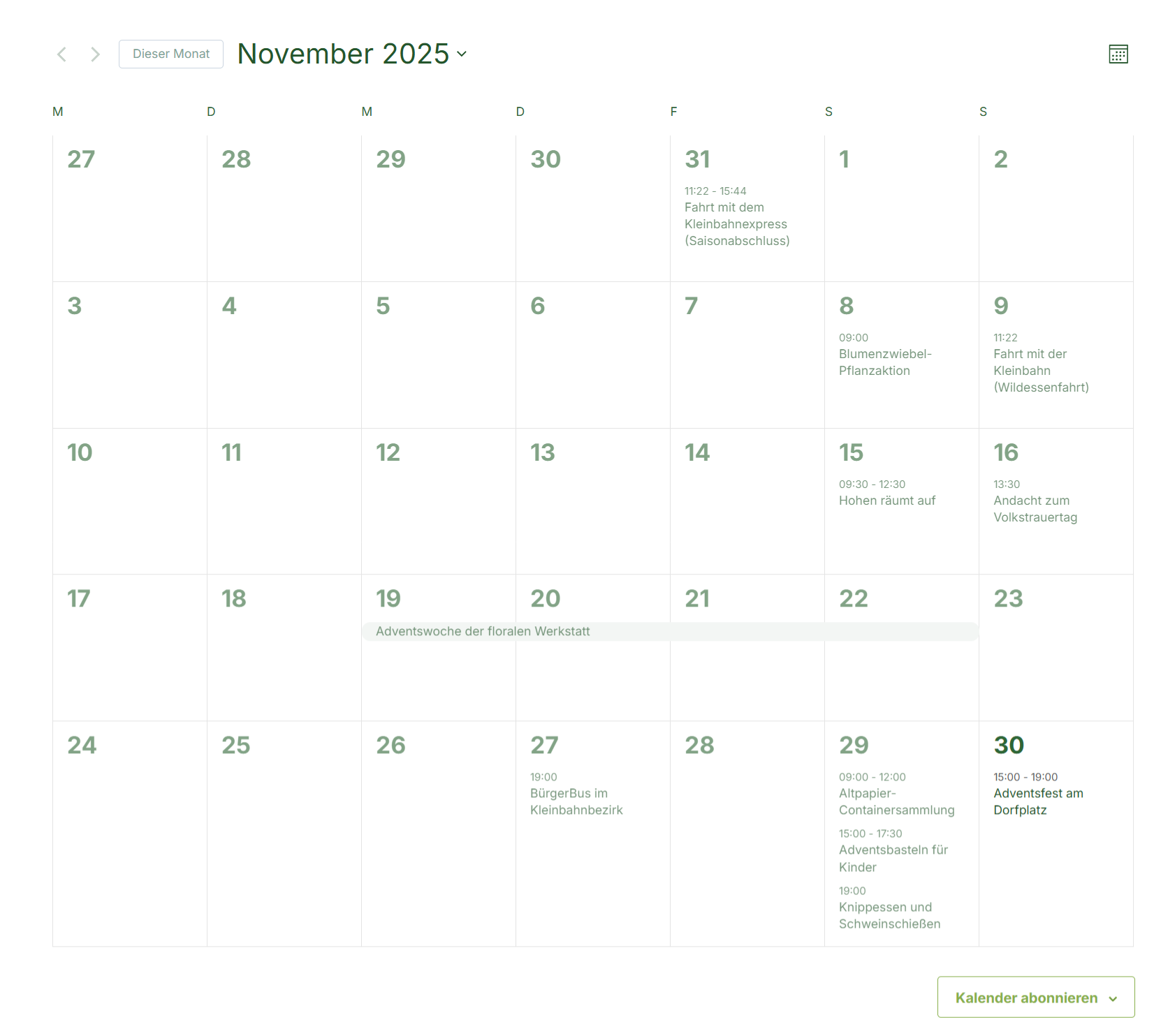 Vereinskalender Beispiel: Monatsansicht